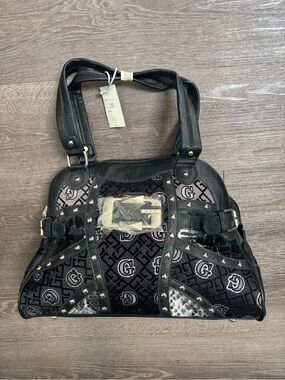 Black Patterned Studded Women's Shoulder Bag Purse Satchel Tote Handbag Guess